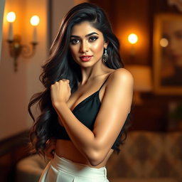 A stunning portrait of a hot, sexy woman inspired by the glamour of Samantha Akkineni, confidently posed to showcase her figure in an elegant and fashionable outfit that highlights her curves