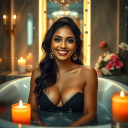 A stylish and artistic portrayal of a glamorous woman inspired by Samantha Akkineni, enjoying a luxurious bath in an upscale setting