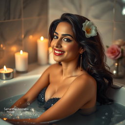 A stylish and artistic portrayal of a glamorous woman inspired by Samantha Akkineni, enjoying a luxurious bath in an upscale setting