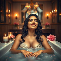 A stylish and artistic portrayal of a glamorous woman inspired by Samantha Akkineni, enjoying a luxurious bath in an upscale setting