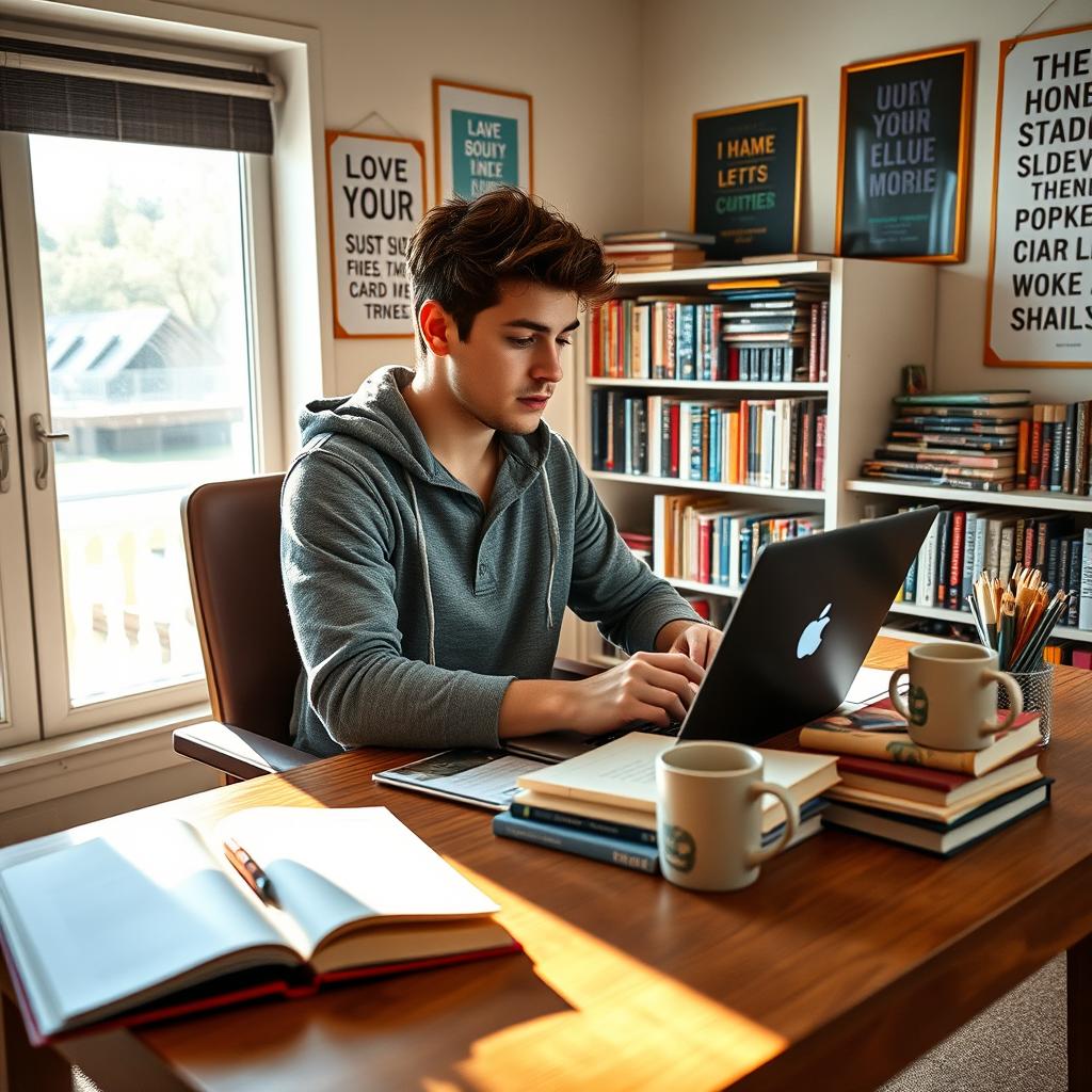 A college student sitting at a desk, surrounded by books and a laptop, studying intently