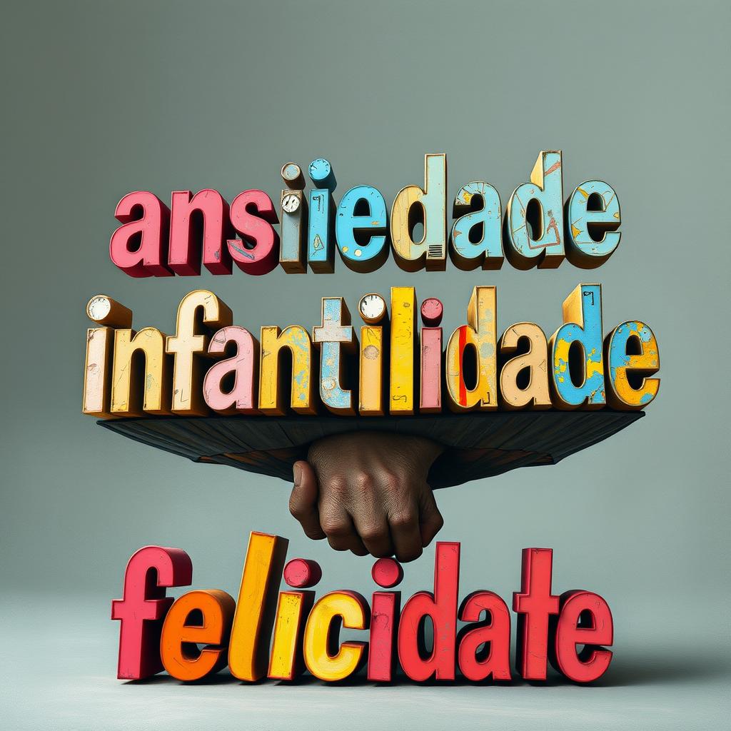 The words 'ansiedade' and 'infantilidade' visually represented in a dynamic and creative way, where 'ansiedade' is depicted being crushed or overwhelmed by the weight of the larger and bolder word 'infantilidade'