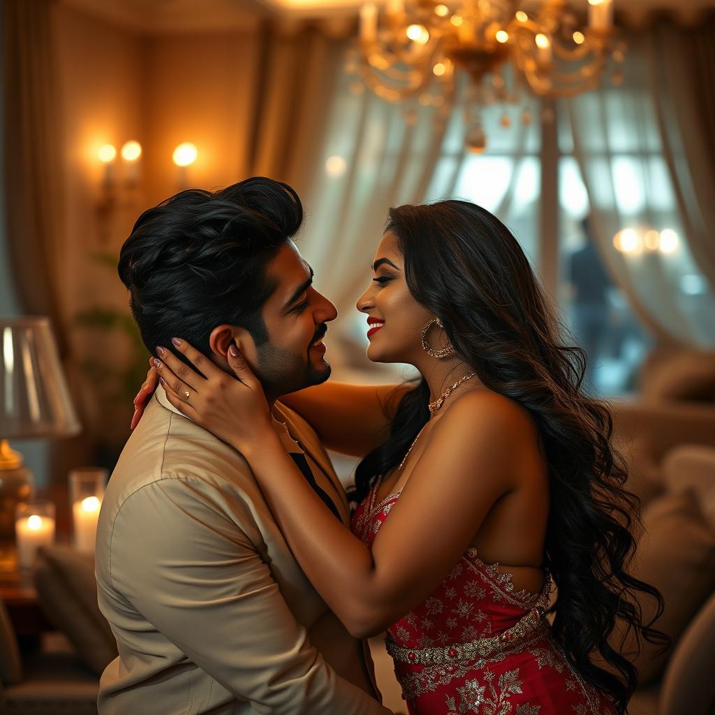 An artistic and tasteful interpretation of intimacy inspired by the glamorous woman, resembling Samantha Akkineni, in a seductive and romantic atmosphere