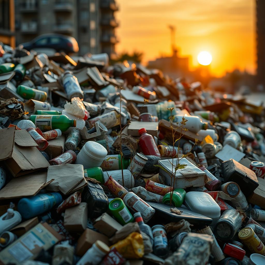 A detailed scene of garbage piled up in an urban environment, showcasing various types of waste including discarded cardboard boxes, plastic bottles, food wrappers, and old furniture