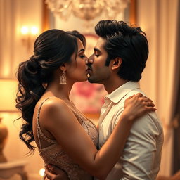 A romantic and intimate scene depicting a glamorous woman inspired by Samantha Akkineni, sharing a passionate kiss with a handsome male partner in a beautifully styled environment