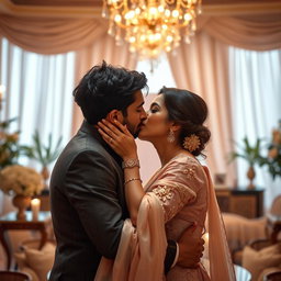 A romantic and intimate scene depicting a glamorous woman inspired by Samantha Akkineni, sharing a passionate kiss with a handsome male partner in a beautifully styled environment