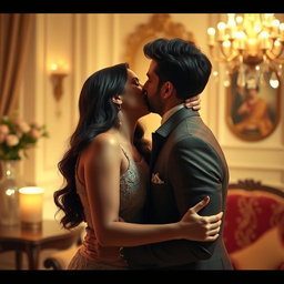 A romantic and intimate scene depicting a glamorous woman inspired by Samantha Akkineni, sharing a passionate kiss with a handsome male partner in a beautifully styled environment