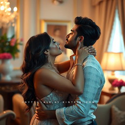 A romantic and intimate scene depicting a glamorous woman inspired by Samantha Akkineni, sharing a passionate kiss with a handsome male partner in a beautifully styled environment