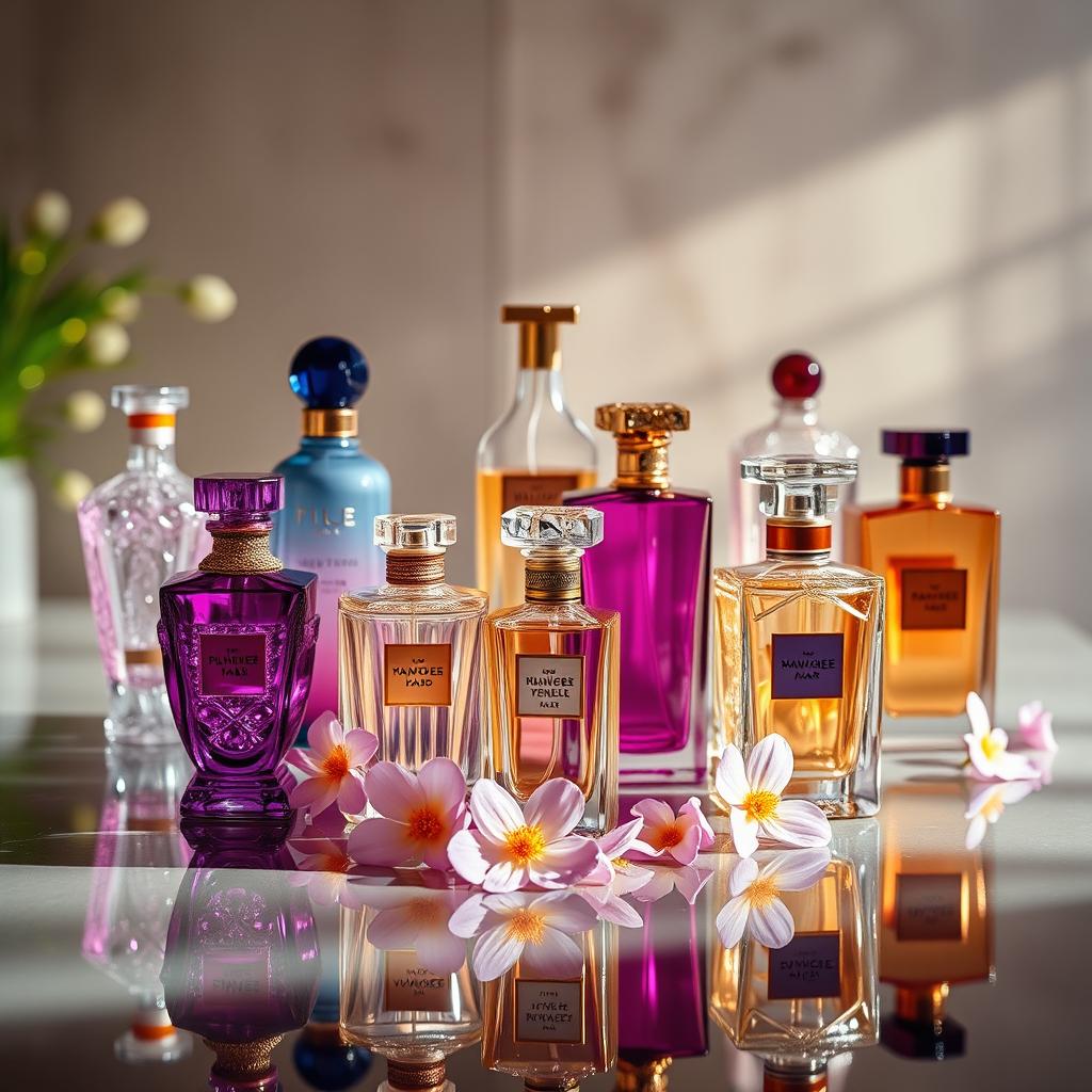 An artistic and vibrant display of luxury perfume bottles arranged aesthetically in a soft-focus background