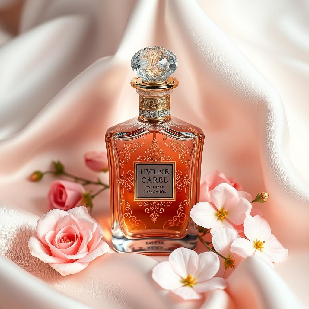 A beautifully designed perfume bottle elegantly displayed on a soft, silky fabric background