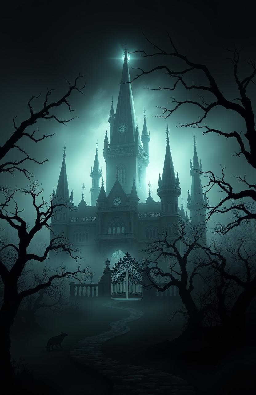 A dark and mysterious palace, shrouded in a thick fog, with towering spires and ornate architecture