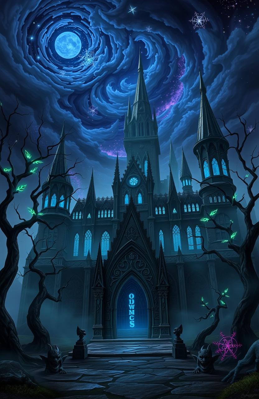 A dark, mysterious palace set in a fantasy landscape, featuring towering spires and intricate stonework adorned with glowing runes