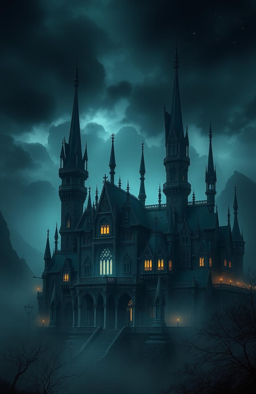 A dark and mysterious fantasy palace, shrouded in mist and shadows