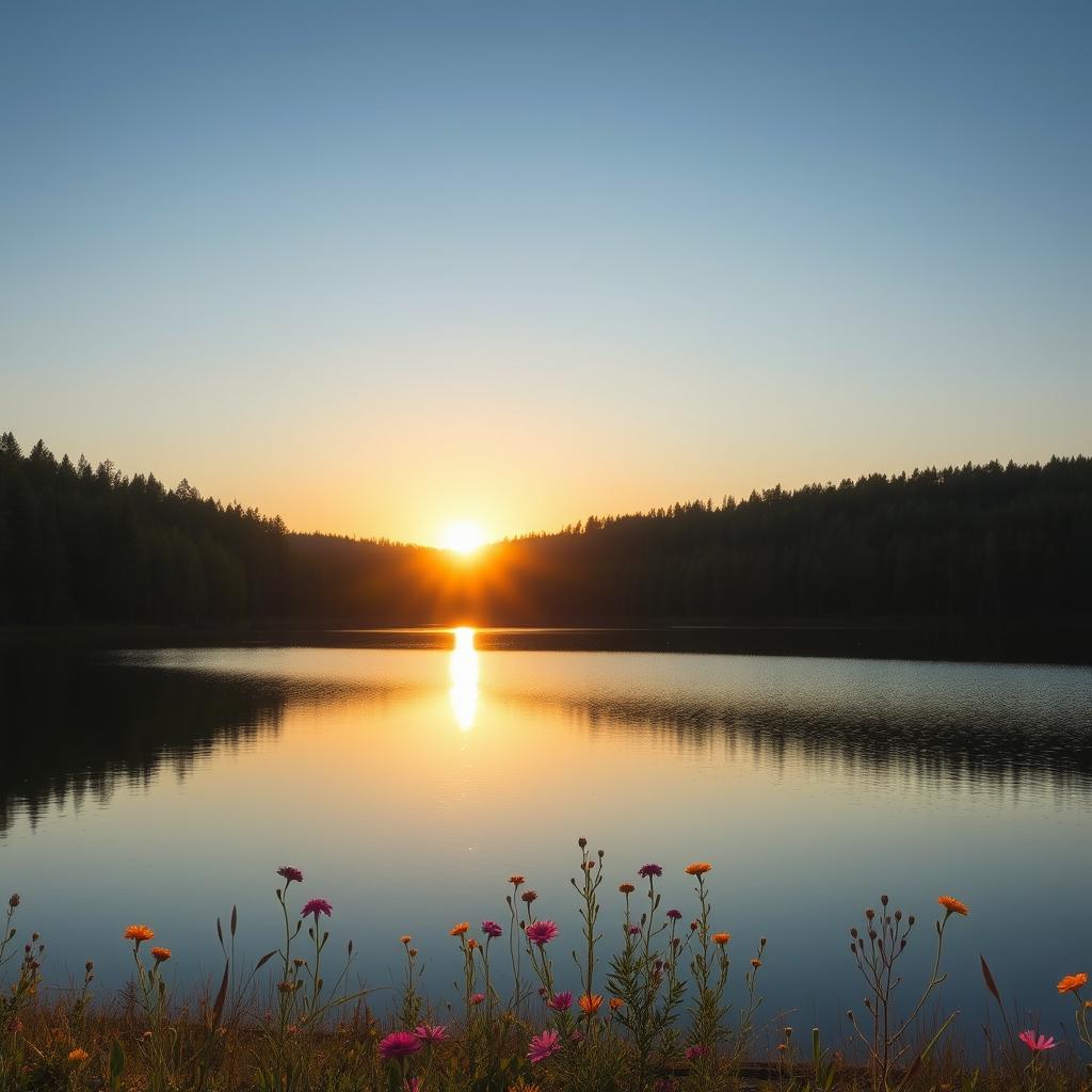 A serene landscape featuring a tranquil lake surrounded by lush green forests under a clear blue sky