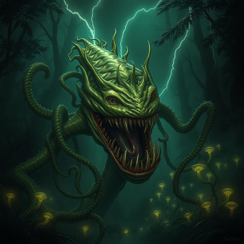 A terrifying, carnivorous plant with monstrous features, set in a dark, eerie jungle environment