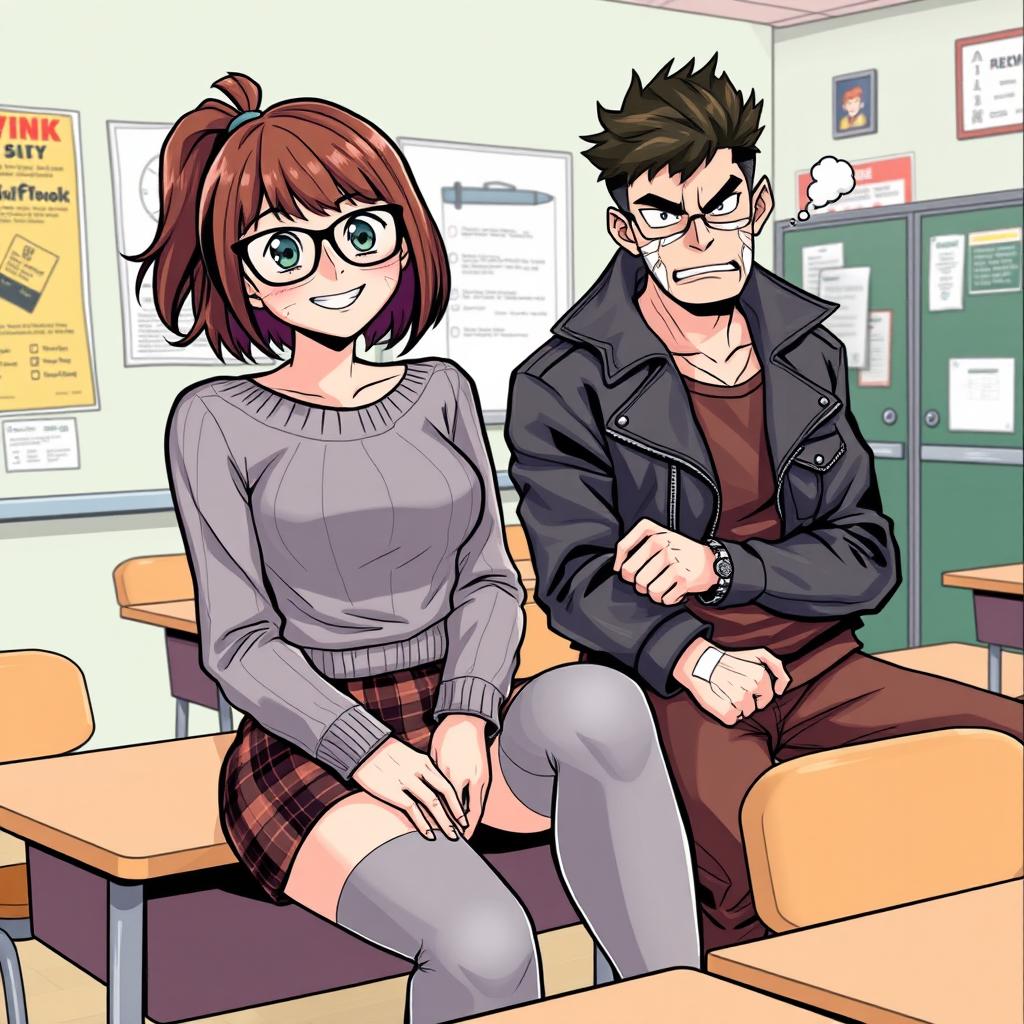 A high school girl sitting on a desk in a classroom, exuding a nerdy yet hot vibe with glasses, wearing a stylish fitted sweater and a plaid skirt