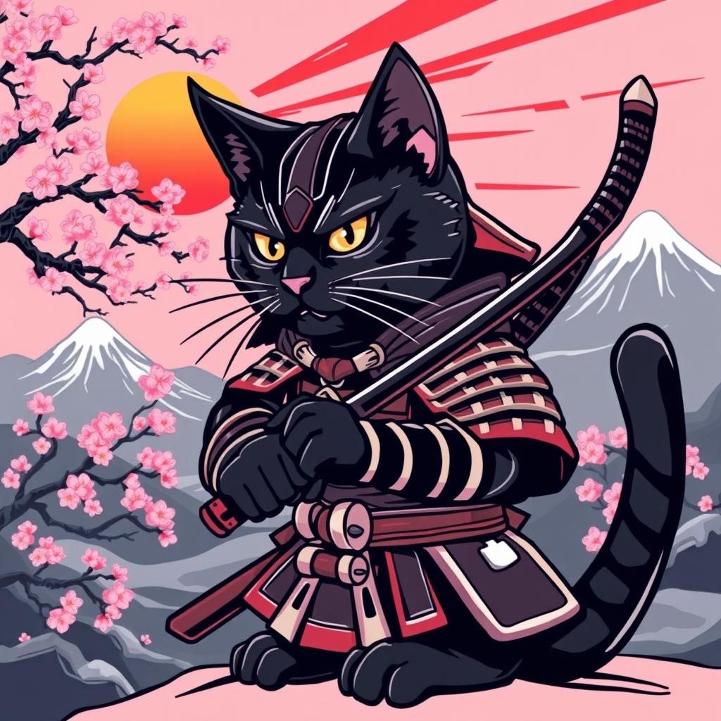 A black cat designed in a Japanese samurai style, wearing traditional samurai armor and holding a katana in a fierce pose