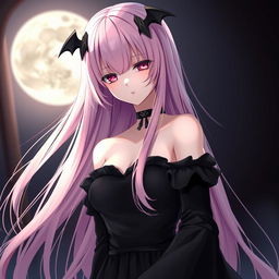 A vampire anime girl with long flowing pink hair, adorned with black bat wing hair clips