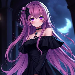 A vampire anime girl with long flowing pink hair, adorned with black bat wing hair clips