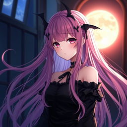 A vampire anime girl with long flowing pink hair, adorned with black bat wing hair clips