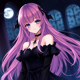 A vampire anime girl with long flowing pink hair, adorned with black bat wing hair clips