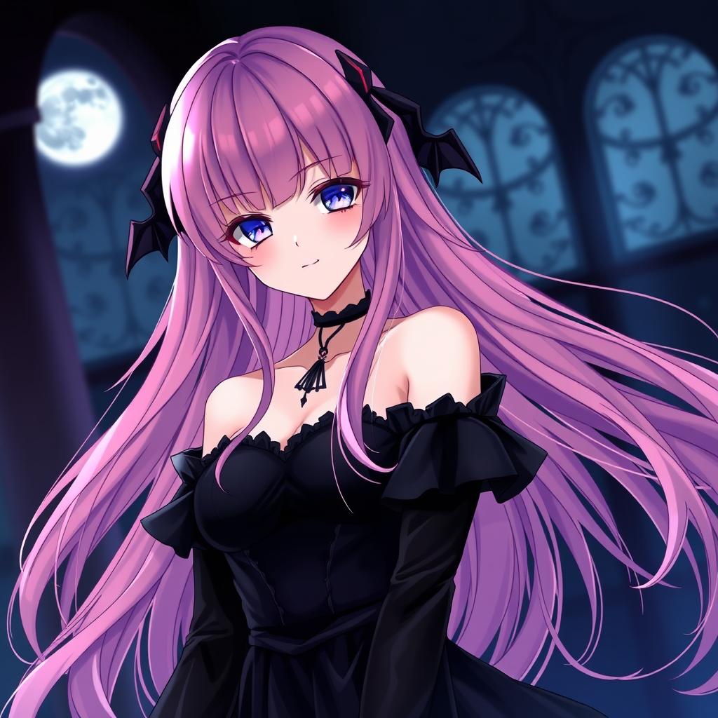 A vampire anime girl with long flowing pink hair, adorned with black bat wing hair clips