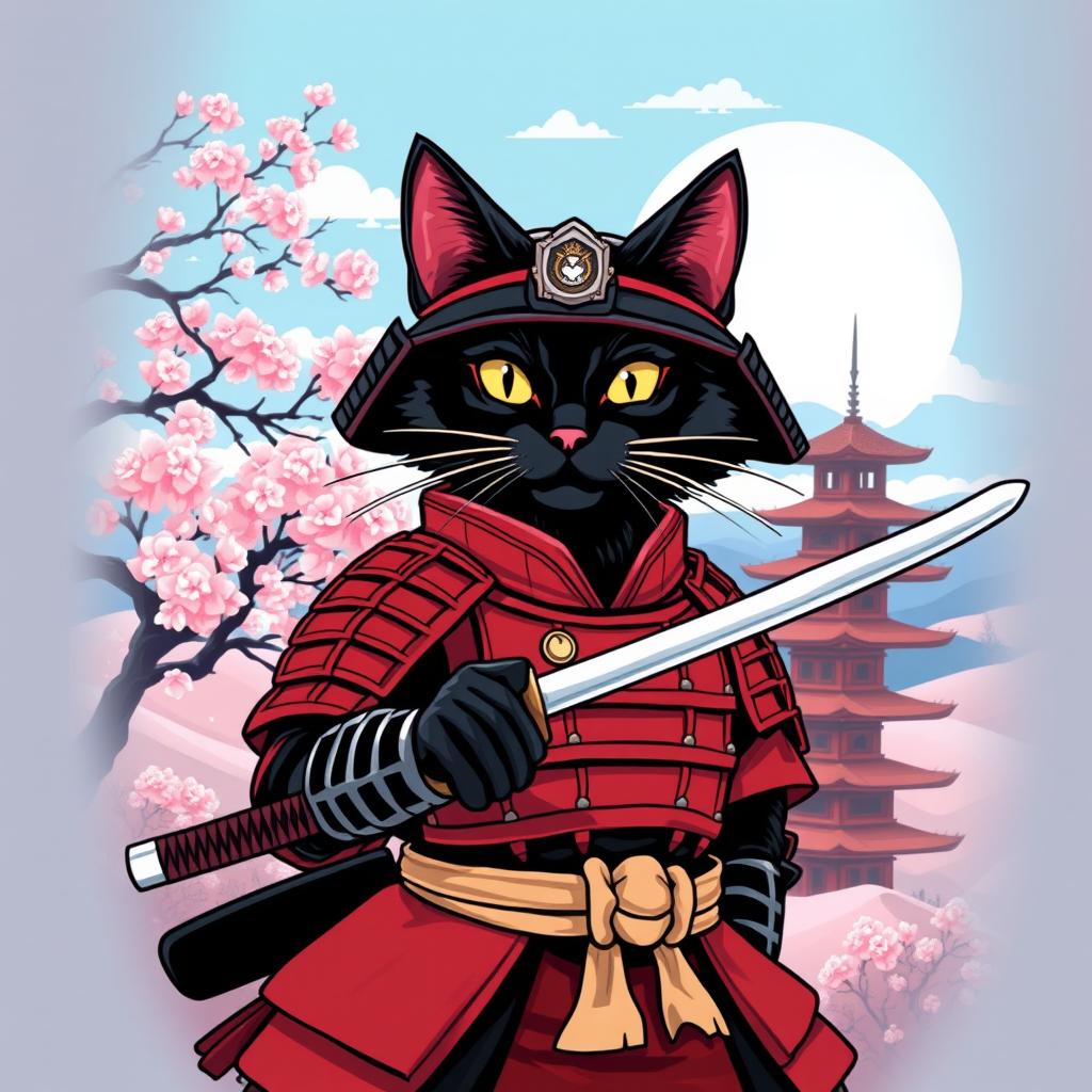 A4 illustration for a t-shirt print featuring a black cat styled as a Japanese samurai