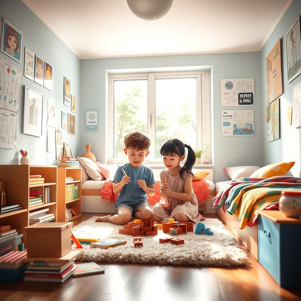 A cozy, brightly colored bedroom with posters on the walls and a large window letting in sunlight