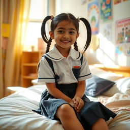A cute Indian schoolgirl sitting on a bed, wearing a school uniform with a pleated skirt and a crisp white shirt