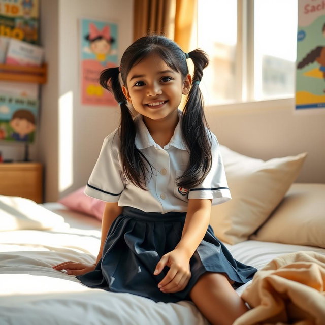 A cute Indian schoolgirl sitting on a bed, wearing a school uniform with a pleated skirt and a crisp white shirt