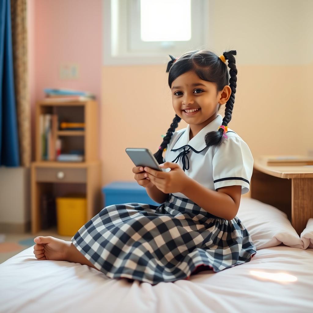 A cute Indian school girl sitting on a bed, wearing a traditional school uniform with a checkered skirt and a white blouse