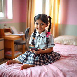 A cute Indian school girl sitting on a bed, wearing a traditional school uniform with a checkered skirt and a white blouse