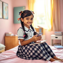 A cute Indian school girl sitting on a bed, wearing a traditional school uniform with a checkered skirt and a white blouse