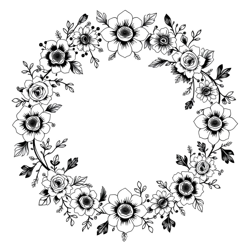 A beautifully intricate circular floral pattern designed in black, perfect for a wedding theme