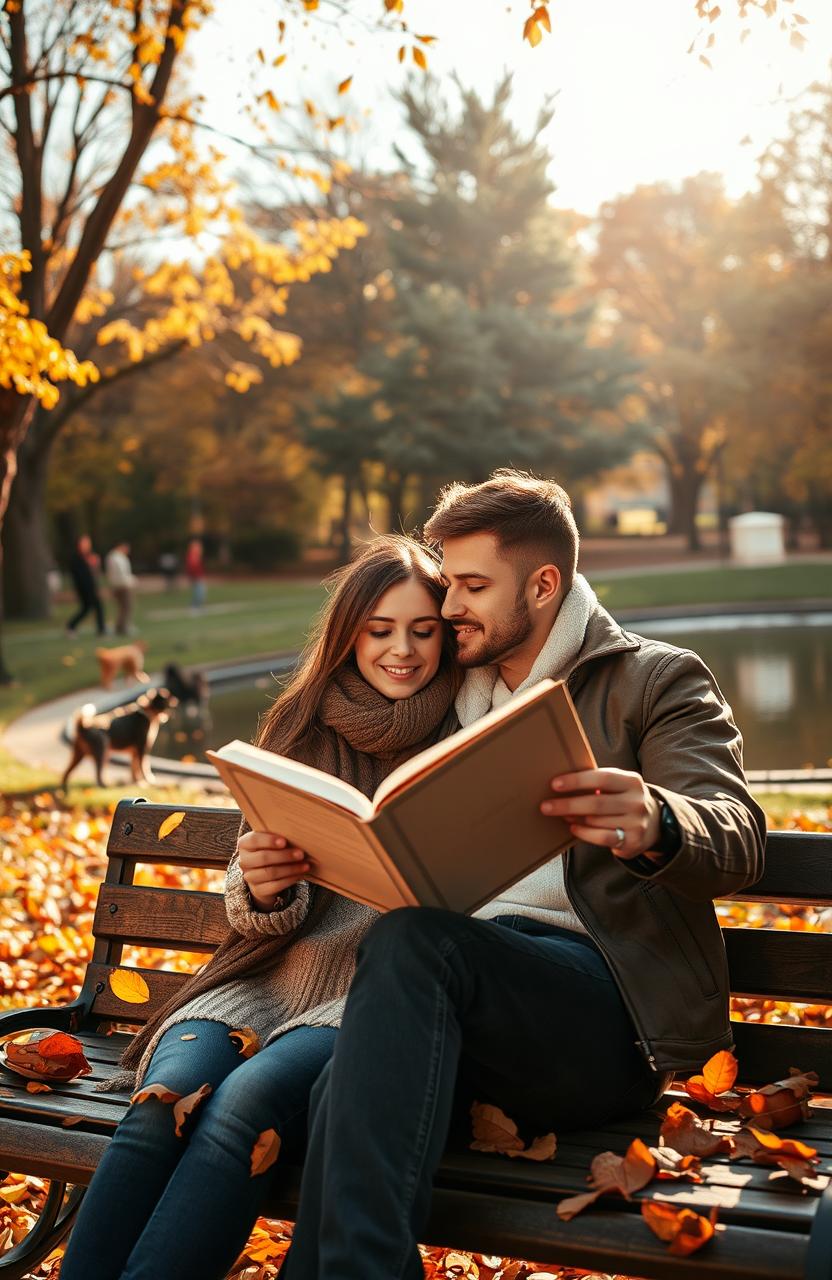 A romantic scene depicting a couple in love, set in a tranquil park during autumn