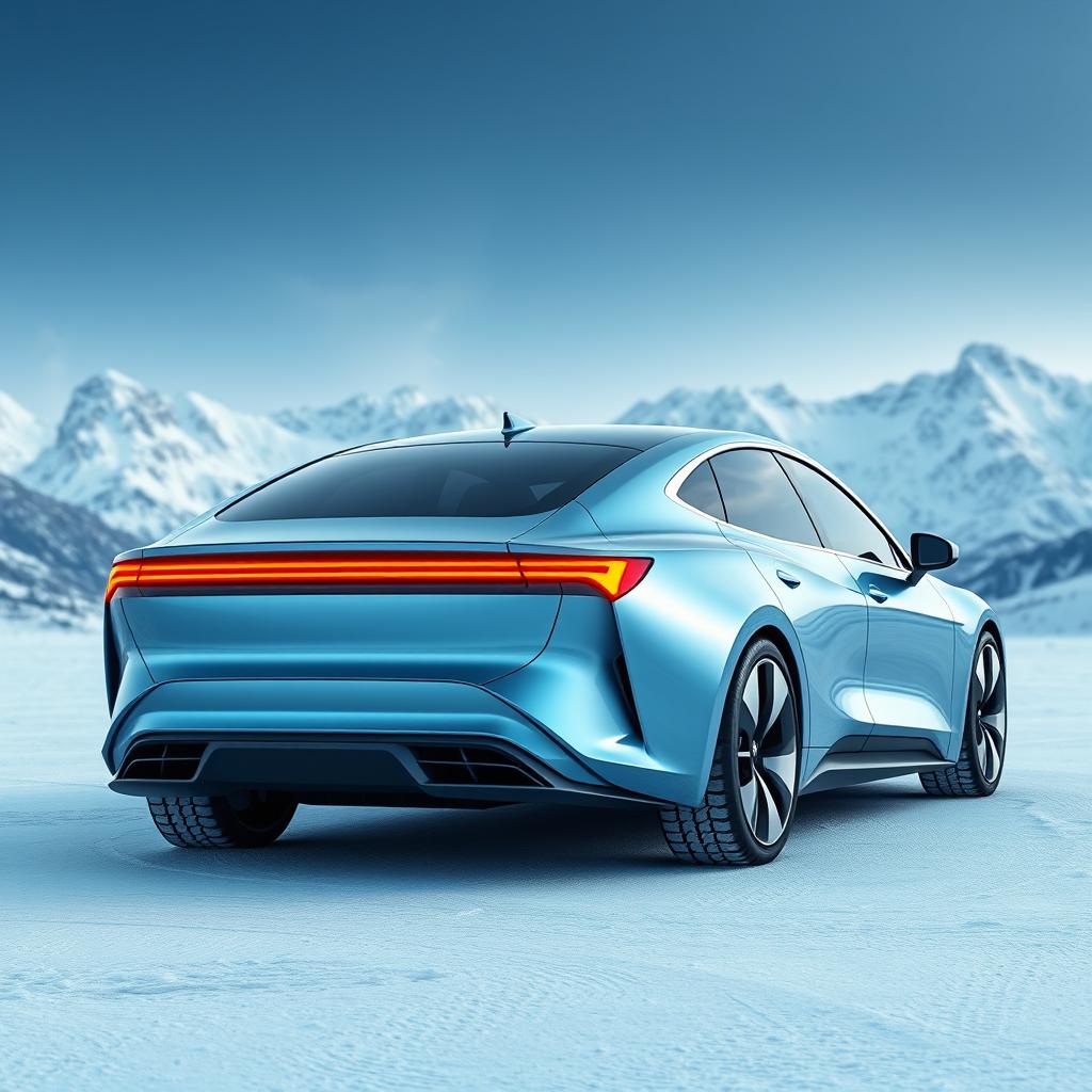 A unique electric sedan with a distinctive rear end, designed in a hyper-realistic style featuring a fashionable, fiery design characterized by smooth lines in metallic light blue tones