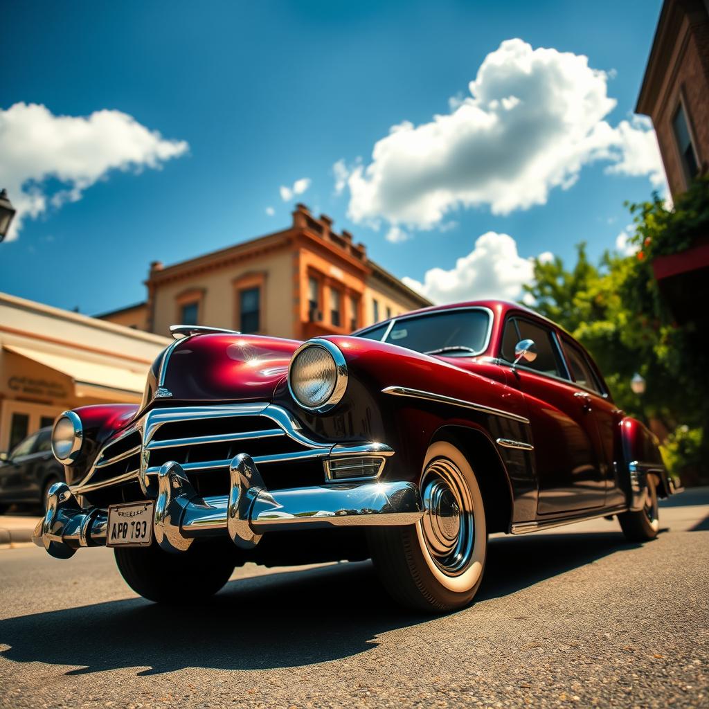 A vibrant scene featuring a classic vintage car parked on a sunny street, surrounded by charming historic buildings