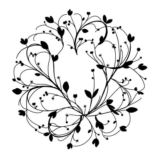 An elegant circular floral pattern featuring black stems with minimal flowers, creating a sophisticated and modern look, ideal for a wedding theme