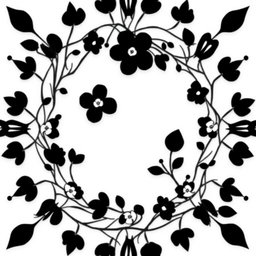 An elegant circular floral pattern featuring black stems with minimal flowers, creating a sophisticated and modern look, ideal for a wedding theme