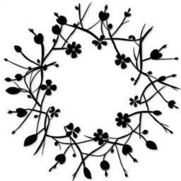An elegant circular floral pattern featuring black stems with minimal flowers, creating a sophisticated and modern look, ideal for a wedding theme