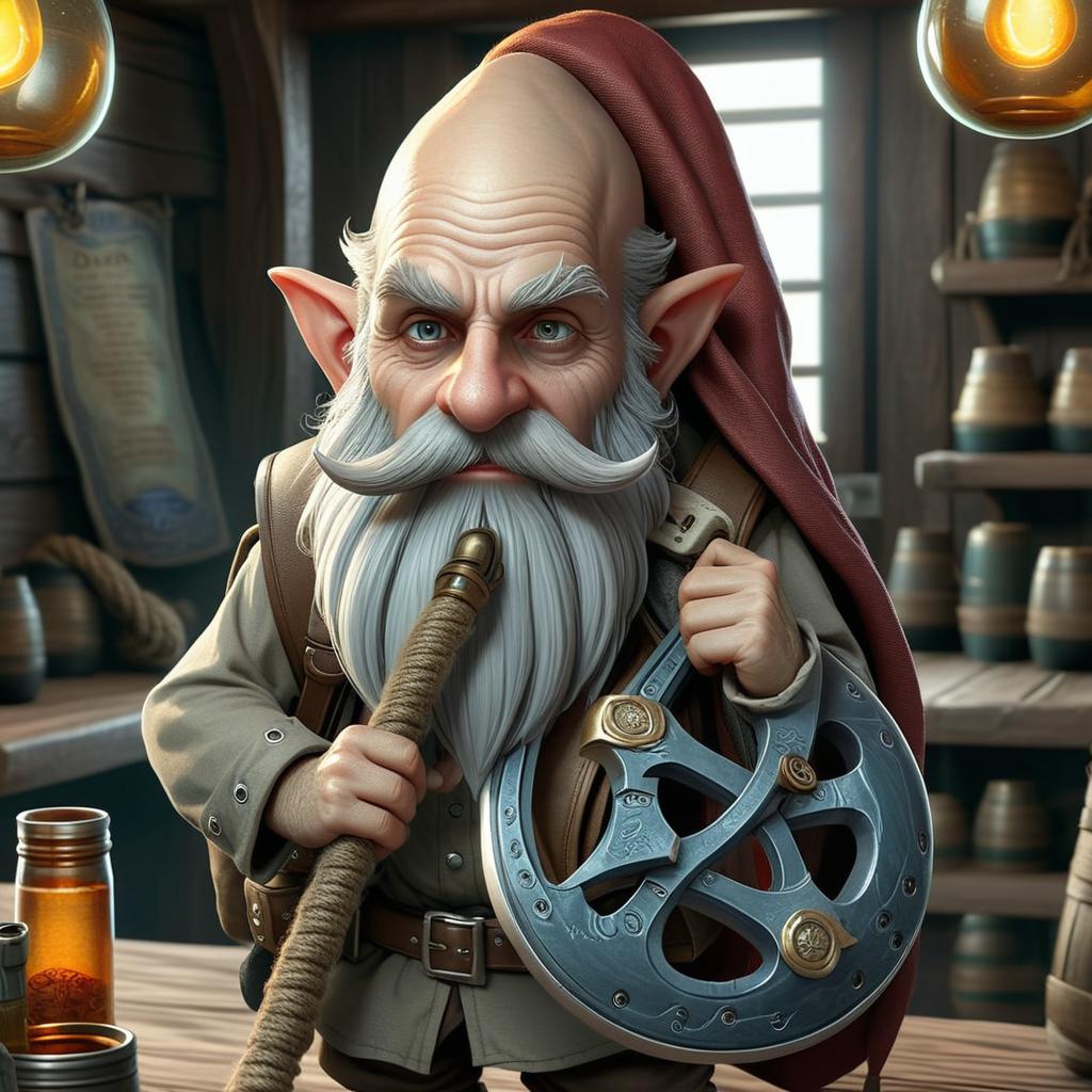 DND gnome with long egg-shaped head and grey beard with a backpack that has a bundle of Grell tentacles wrapped in a bundle by rope on top of it