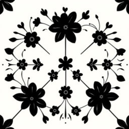 An elegant circular floral pattern in black, specifically designed for a wedding, showcasing a greater emphasis on elongated stems and fewer flowers