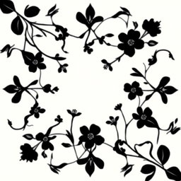 An elegant circular floral pattern in black, specifically designed for a wedding, showcasing a greater emphasis on elongated stems and fewer flowers