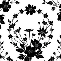 An elegant circular floral pattern in black, specifically designed for a wedding, showcasing a greater emphasis on elongated stems and fewer flowers