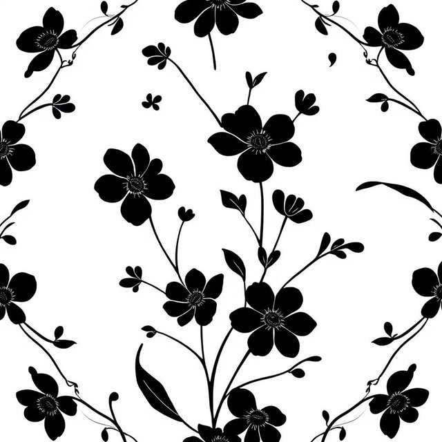 An elegant circular floral pattern in black, specifically designed for a wedding, showcasing a greater emphasis on elongated stems and fewer flowers