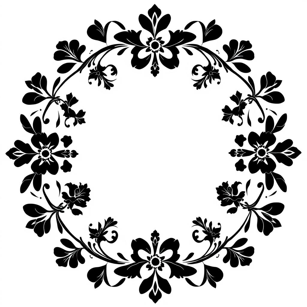 A sophisticated circular floral pattern in black, designed as an elegant motif