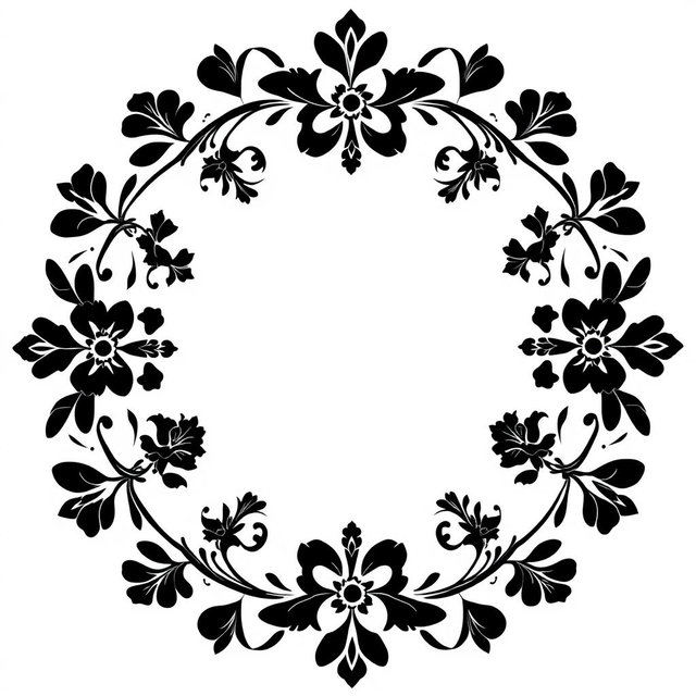 A sophisticated circular floral pattern in black, designed as an elegant motif