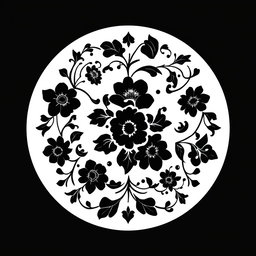 A sophisticated circular floral pattern in black, designed as an elegant motif