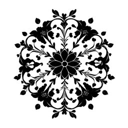 A sophisticated circular floral pattern in black, designed as an elegant motif