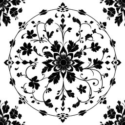 A sophisticated circular floral pattern in black, designed as an elegant motif